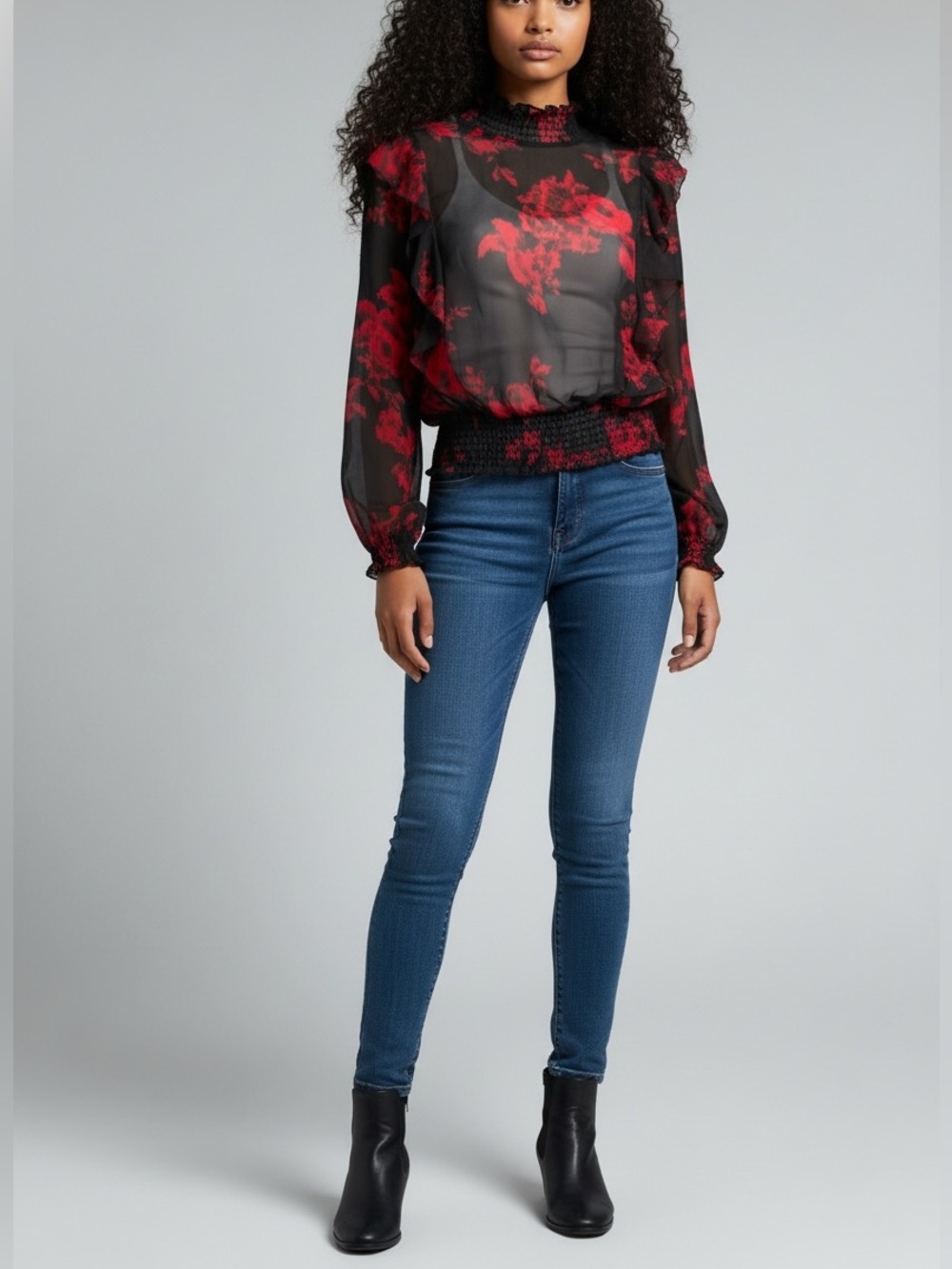 Sheer Floral Smocked Blouse Black Red Romantic Goth Cottagecore Top - L.I.F.E - Picture 8 of 8